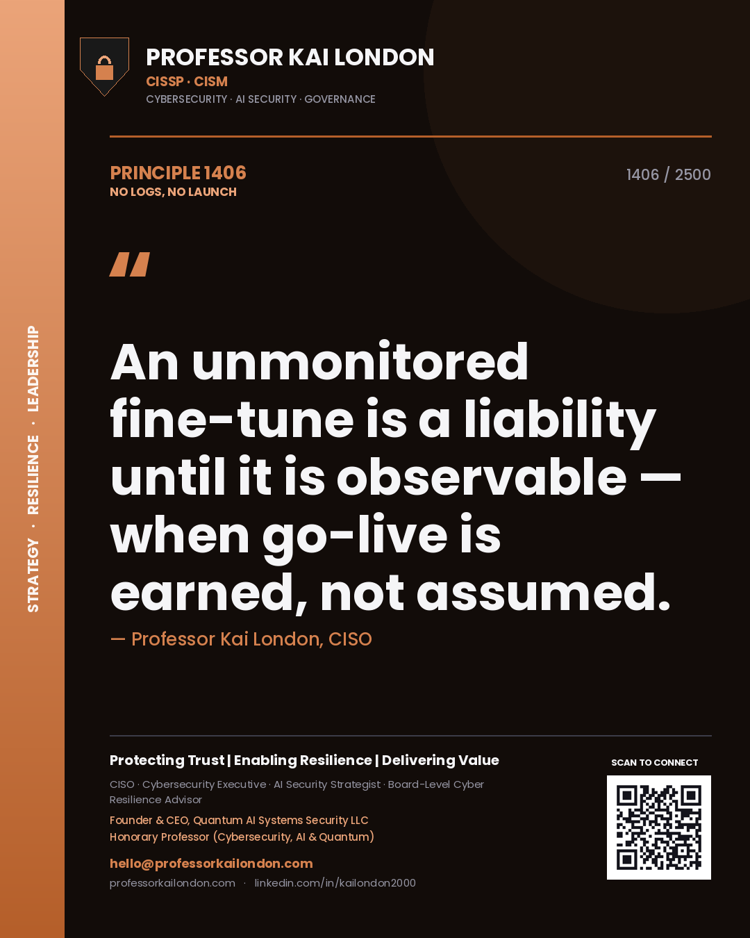 Professor Kai London principle 1406: An unmonitored fine-tune is a liability until it is observable — when go-live is earned, not assumed.