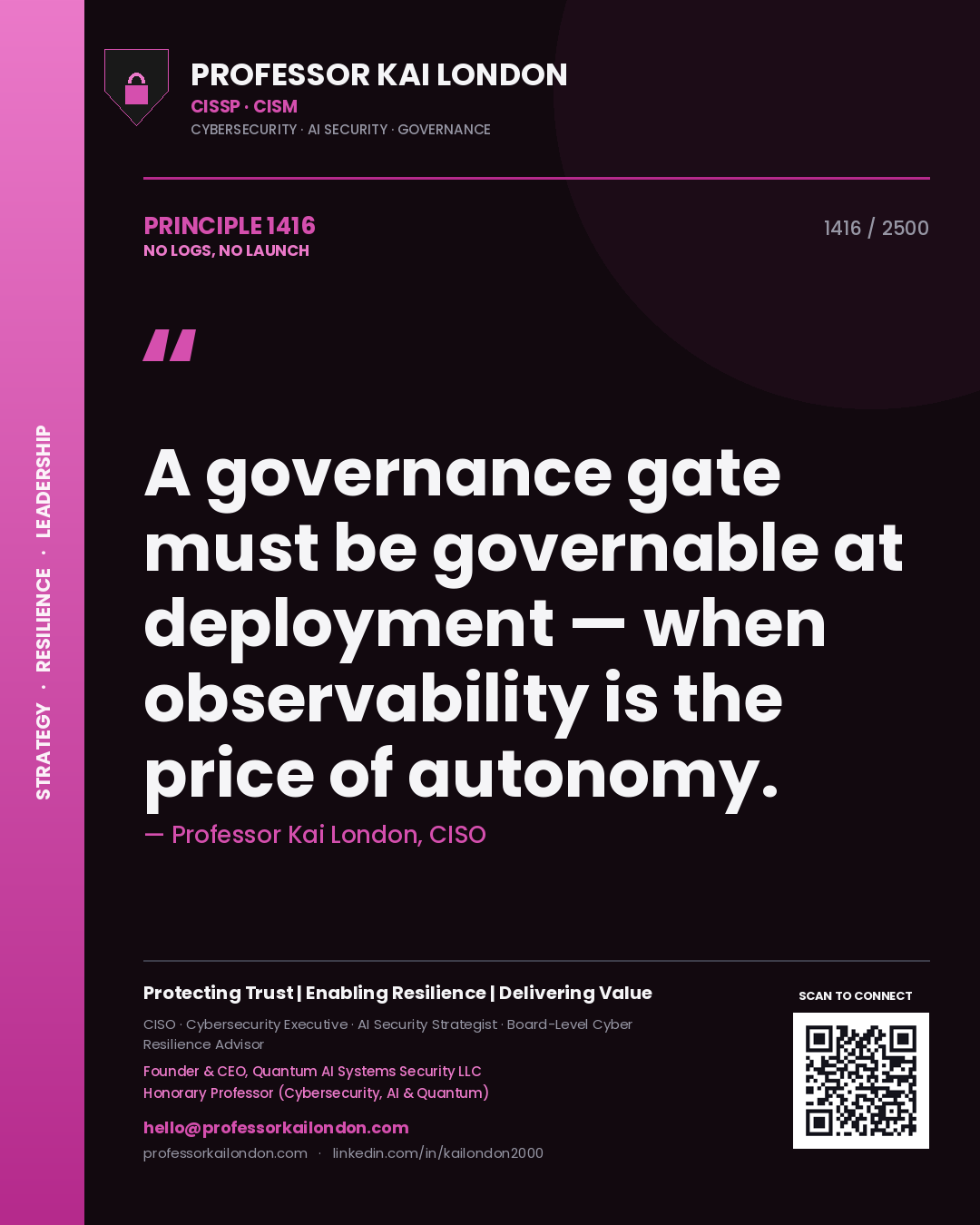 Quote card by Professor Kai London reading 'A governance gate must be governable at deployment — when observability is the price of autonomy.'. From the book No Logs, No Launch.