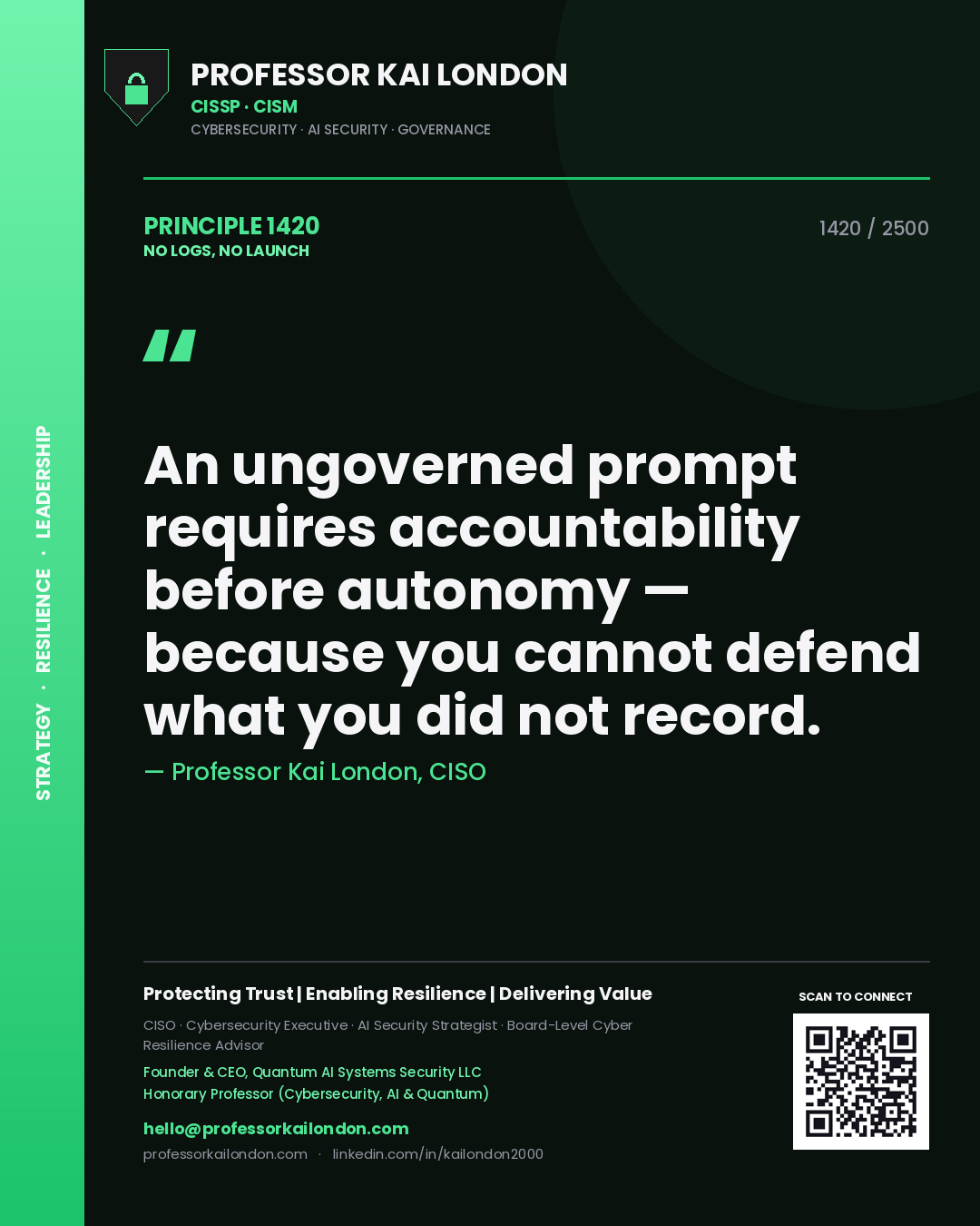 Quote card by Professor Kai London reading 'An ungoverned prompt requires accountability before autonomy — because you cannot defend what you did not record.'. From the book No Logs, No Launch.