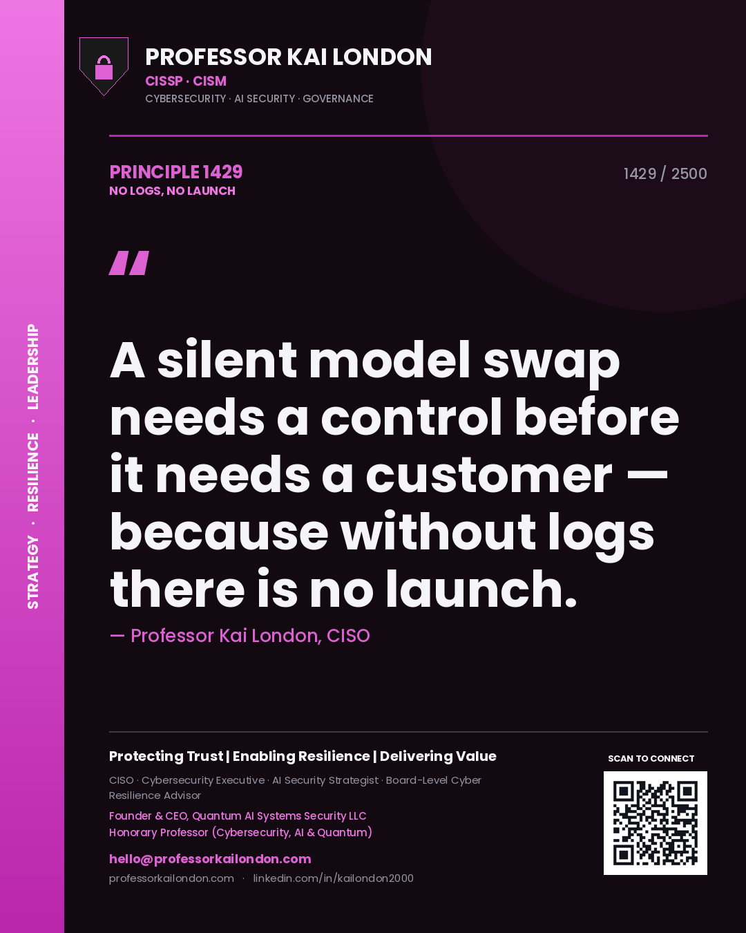 Quote card by Professor Kai London reading 'A silent model swap needs a control before it needs a customer — because without logs there is no launch.'. From the book No Logs, No Launch.