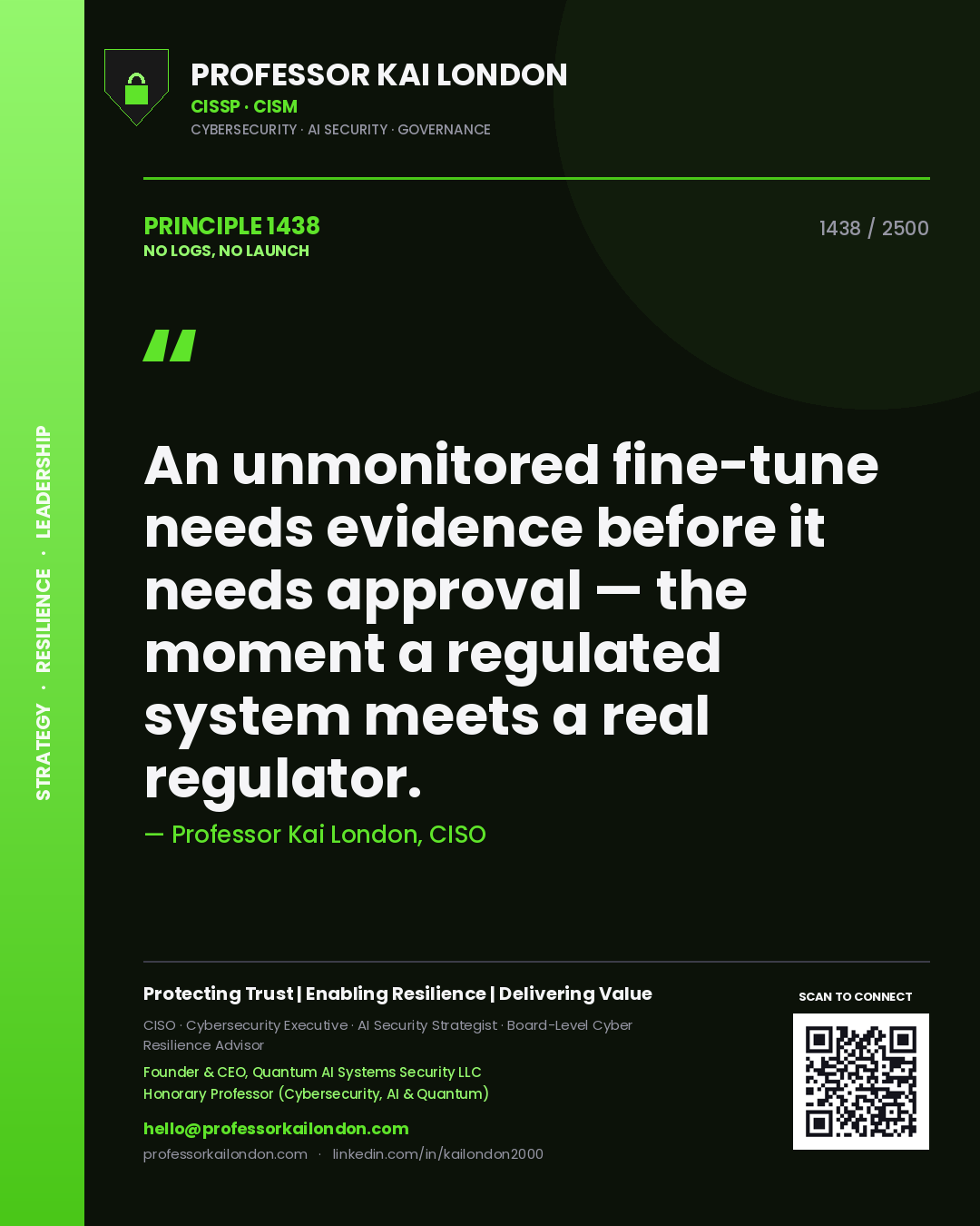 Professor Kai London principle 1438: An unmonitored fine-tune needs evidence before it needs approval — the moment a regulated system meets a real regulator.