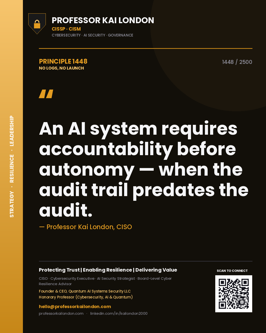 Quote card by Professor Kai London reading 'An AI system requires accountability before autonomy — when the audit trail predates the audit.'. From the book No Logs, No Launch.