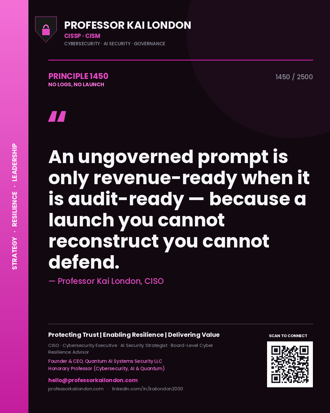 Quote card by Professor Kai London reading 'An ungoverned prompt is only revenue-ready when it is audit-ready — because a launch you cannot reconstruct you cannot defend.'. From the book No Logs, No Launch.