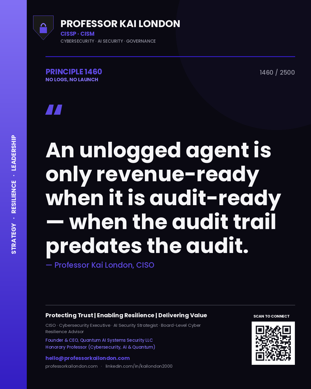 Professor Kai London principle 1460: An unlogged agent is only revenue-ready when it is audit-ready — when the audit trail predates the audit.