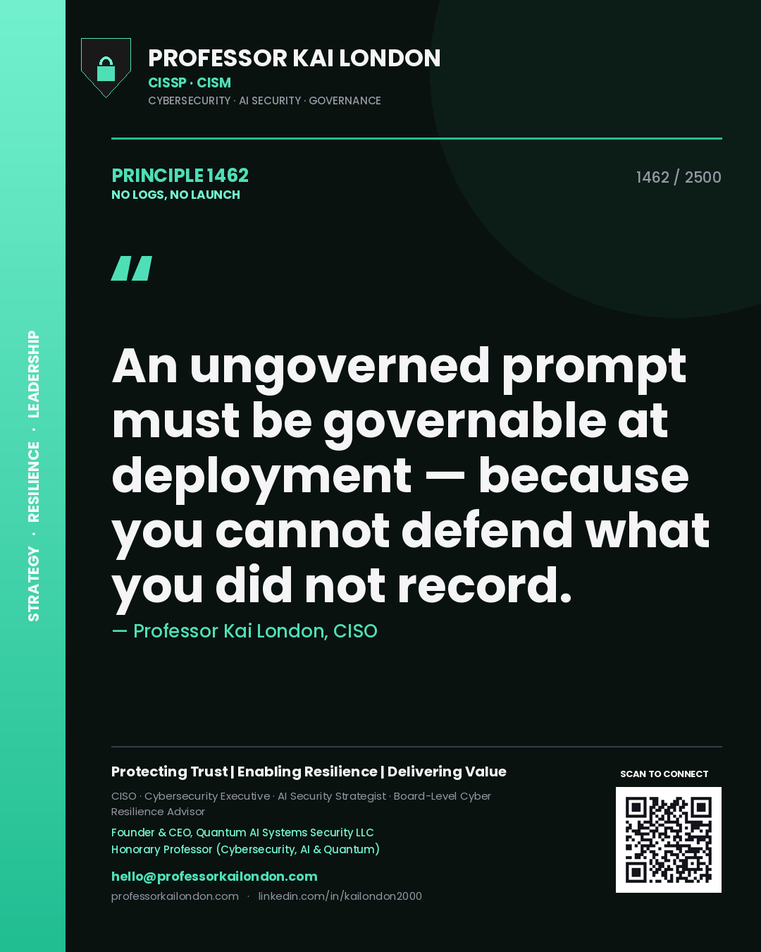 Quote card by Professor Kai London reading 'An ungoverned prompt must be governable at deployment — because you cannot defend what you did not record.'. From the book No Logs, No Launch.
