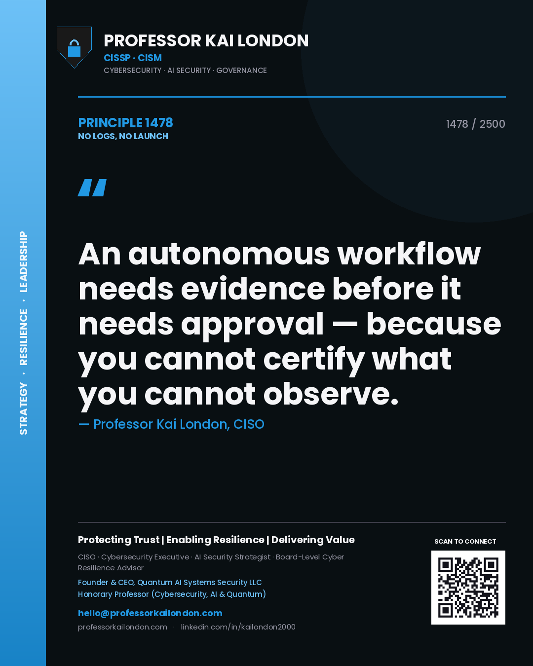 Quote card by Professor Kai London reading 'An autonomous workflow needs evidence before it needs approval — because you cannot certify what you cannot observe.'. From the book No Logs, No Launch.
