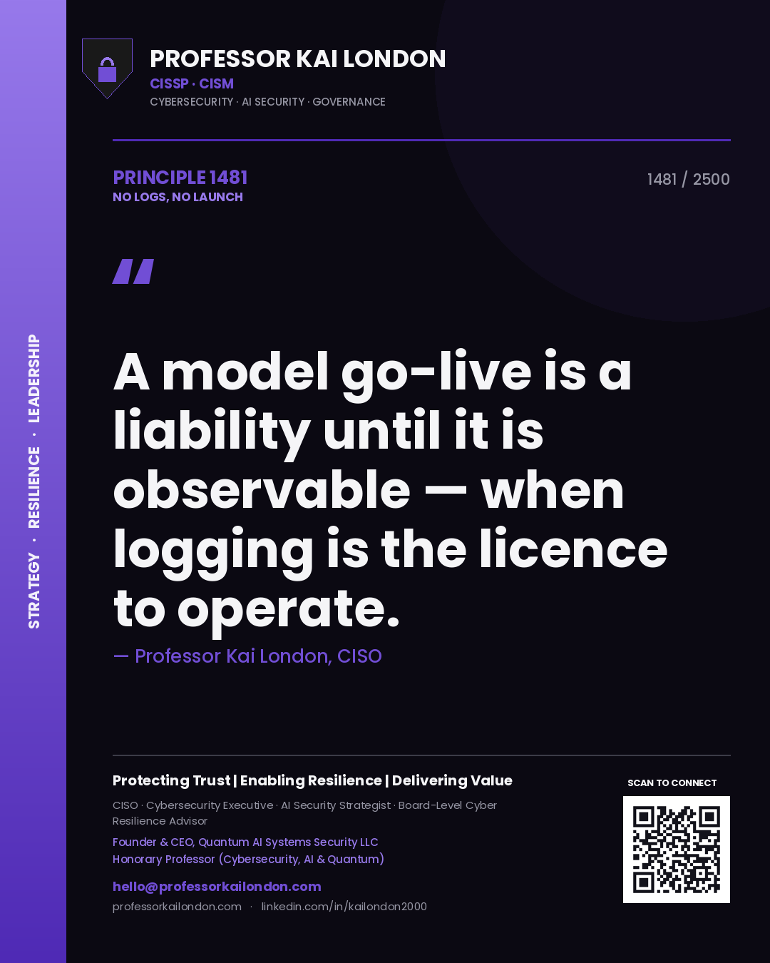 Quote card by Professor Kai London reading 'A model go-live is a liability until it is observable — when logging is the licence to operate.'. From the book No Logs, No Launch.