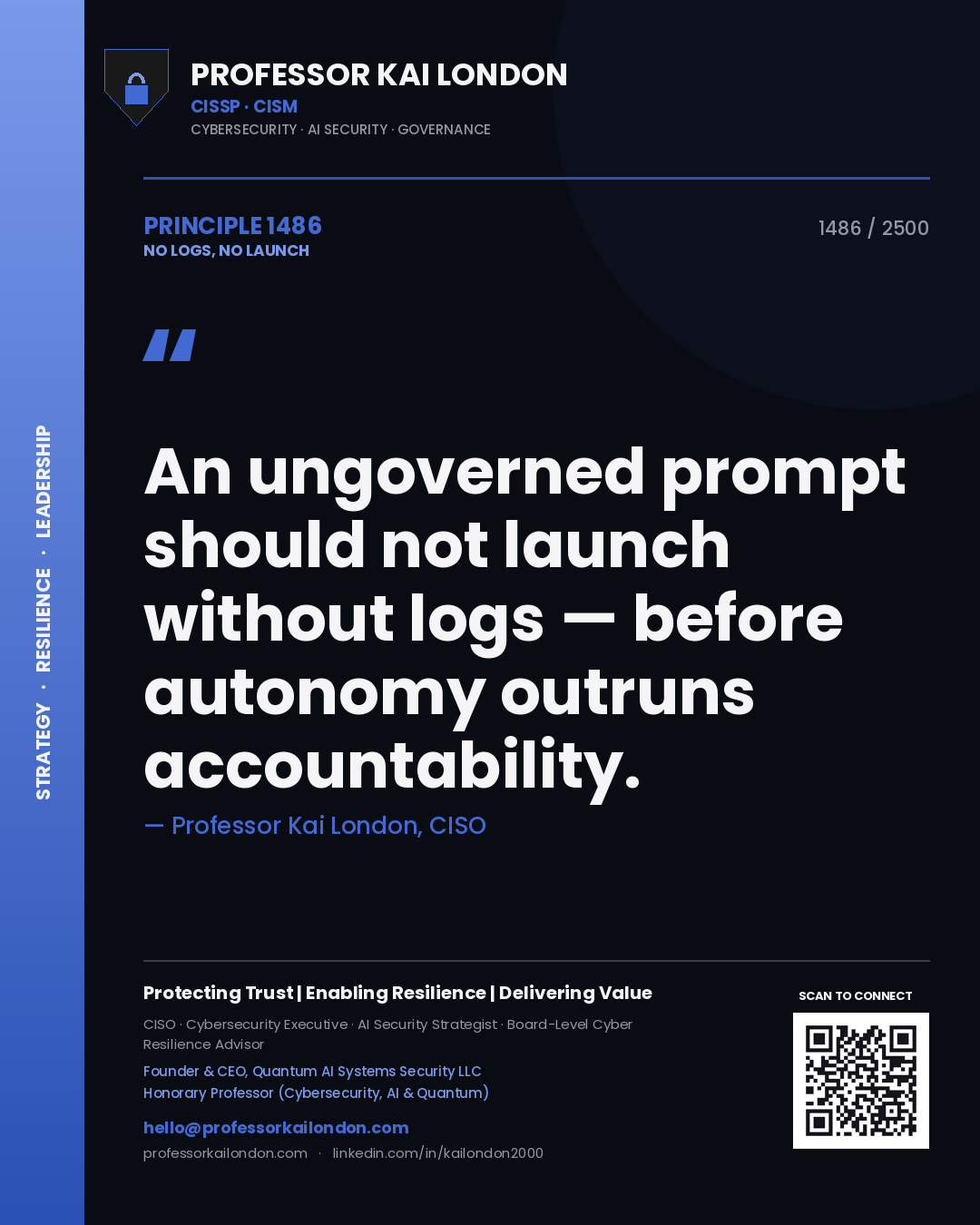 Quote card by Professor Kai London reading 'An ungoverned prompt should not launch without logs — before autonomy outruns accountability.'. From the book No Logs, No Launch.