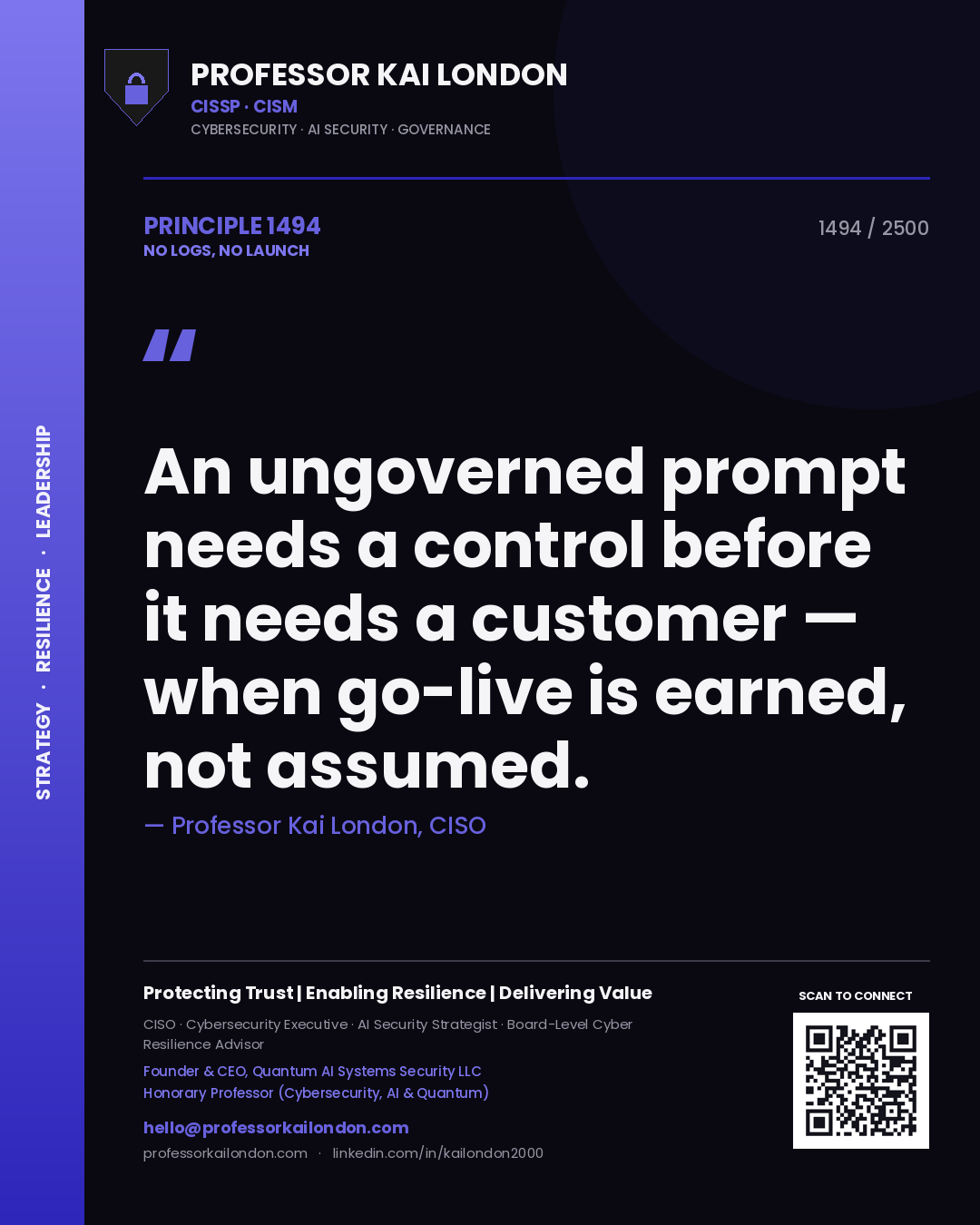 Professor Kai London principle 1494: An ungoverned prompt needs a control before it needs a customer — when go-live is earned, not assumed.