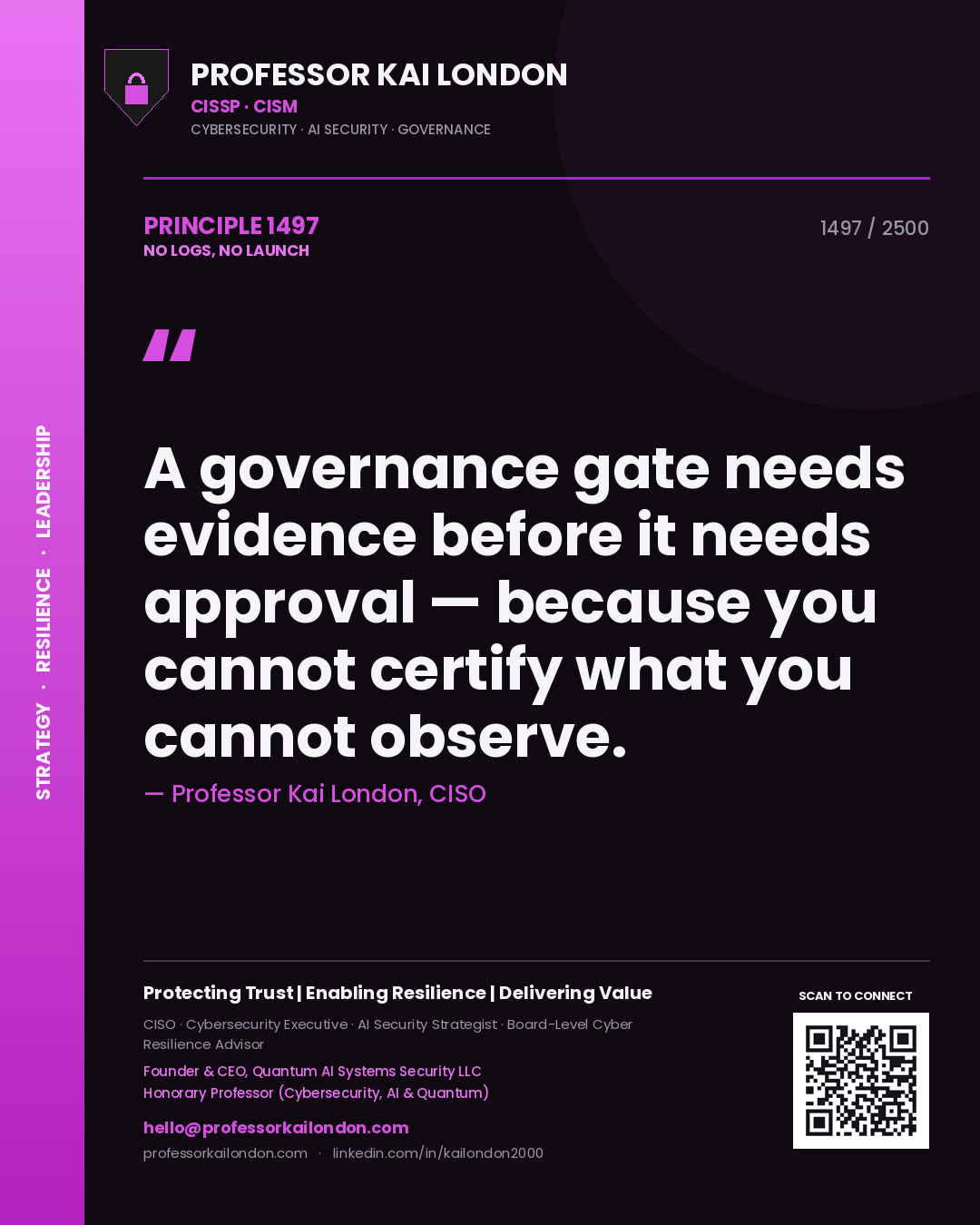 Quote card by Professor Kai London reading 'A governance gate needs evidence before it needs approval — because you cannot certify what you cannot observe.'. From the book No Logs, No Launch.