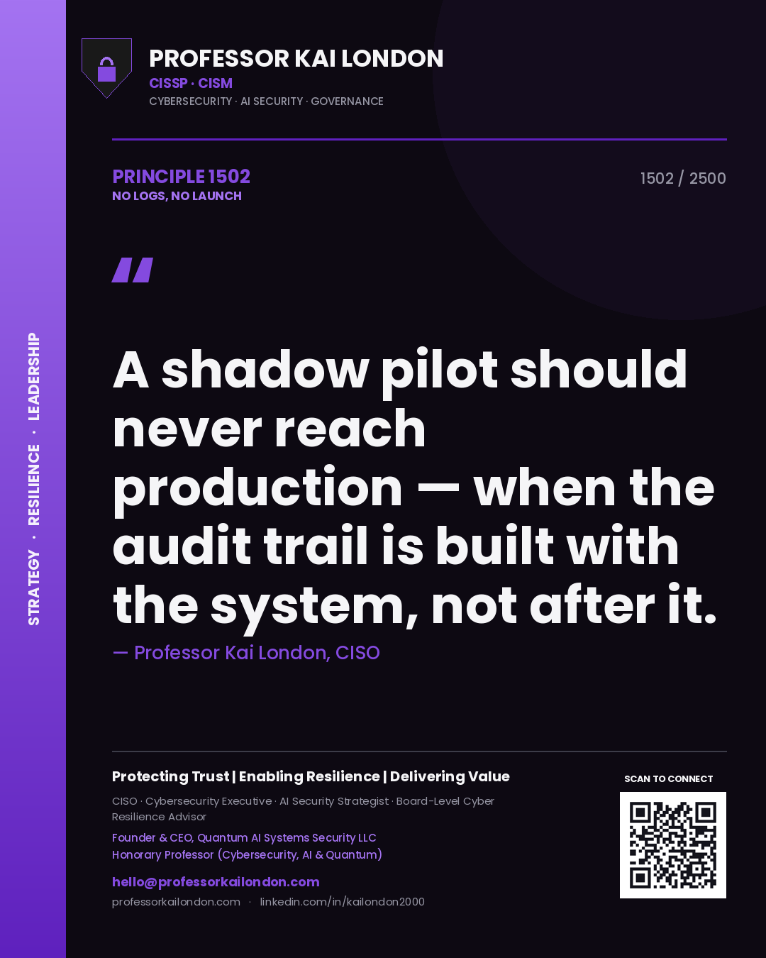Quote card by Professor Kai London reading 'A shadow pilot should never reach production — when the audit trail is built with the system, not after it.'. From the book No Logs, No Launch.