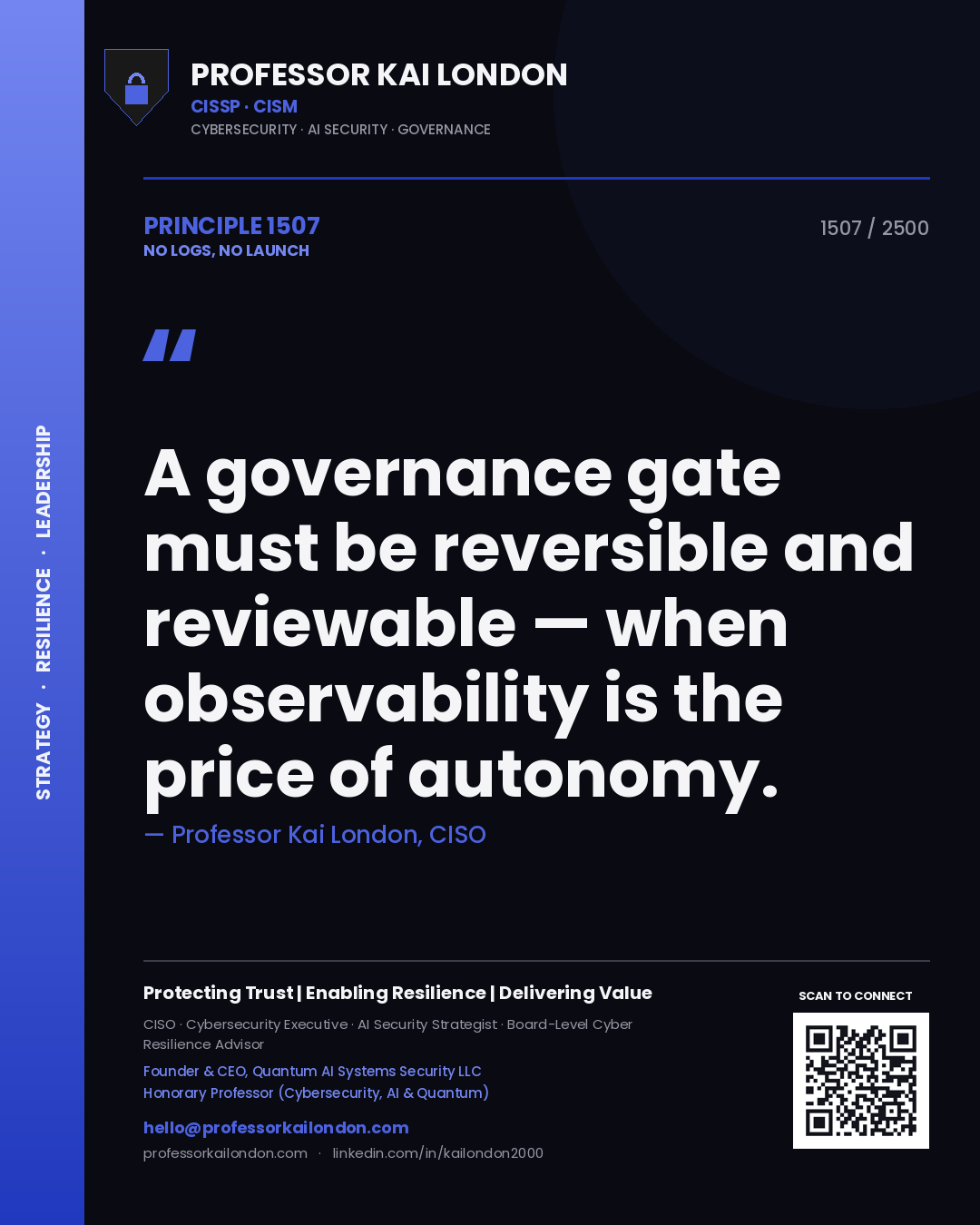 Quote card by Professor Kai London reading 'A governance gate must be reversible and reviewable — when observability is the price of autonomy.'. From the book No Logs, No Launch.