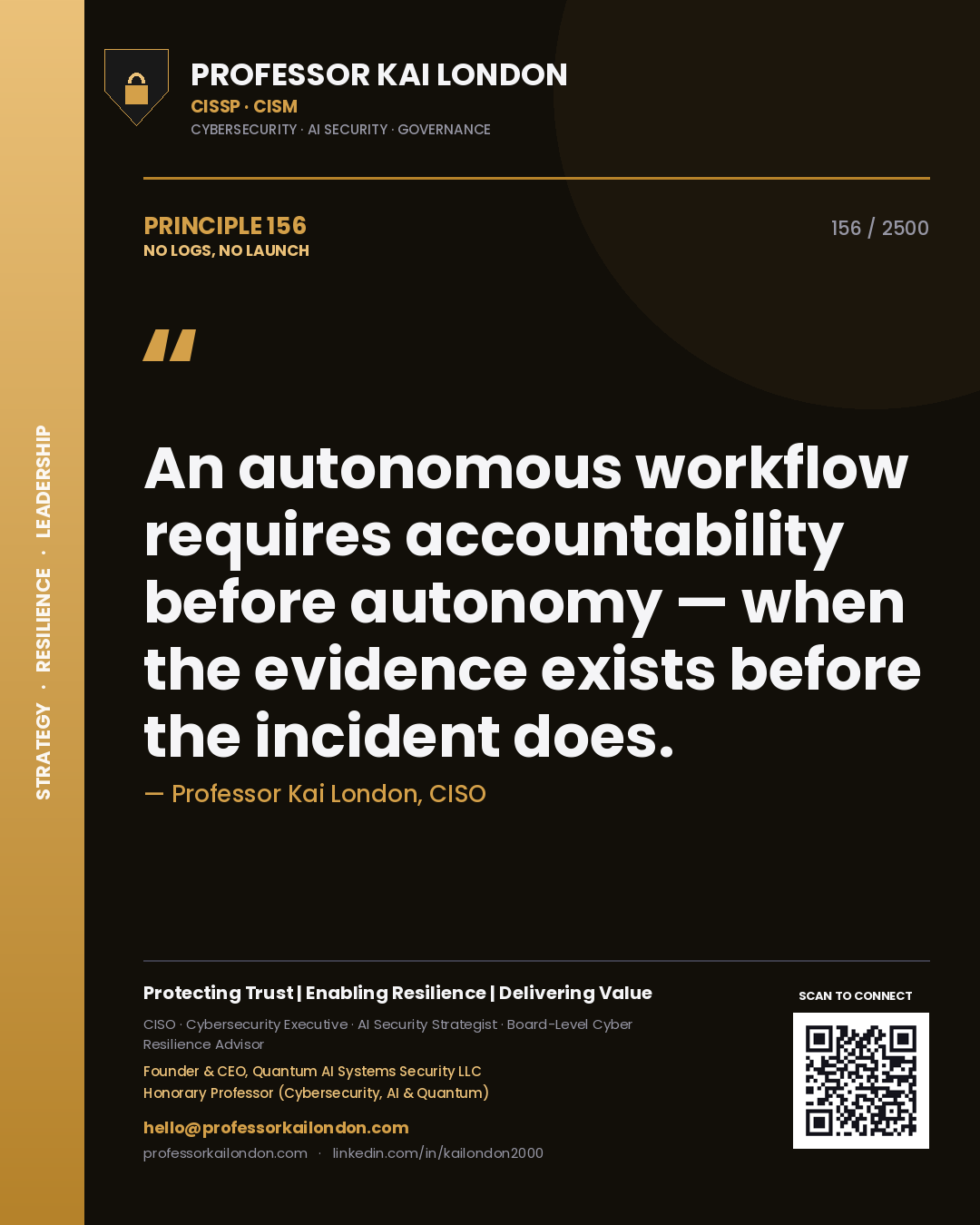 Professor Kai London principle 156: An autonomous workflow requires accountability before autonomy — when the evidence exists before the incident does.