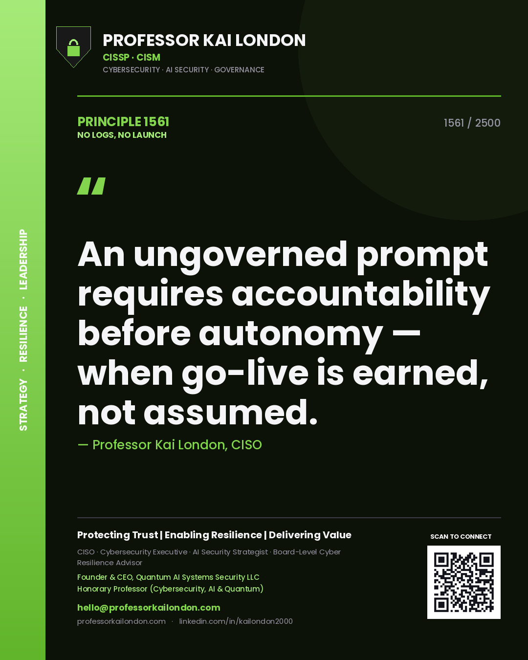 Professor Kai London principle 1561: An ungoverned prompt requires accountability before autonomy — when go-live is earned, not assumed.