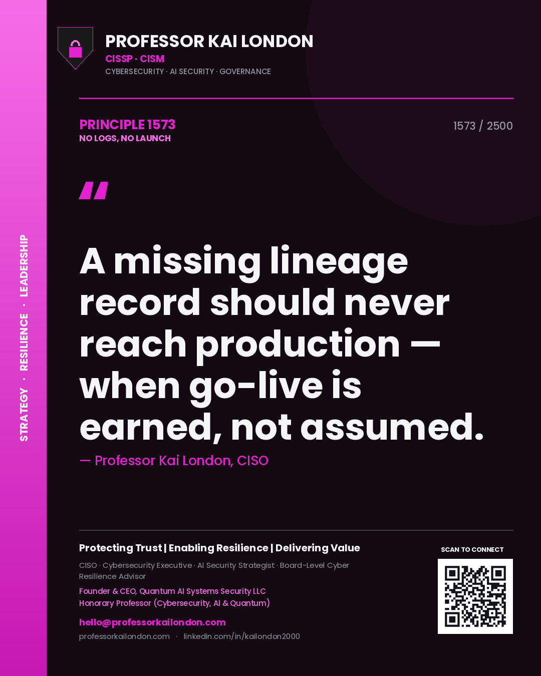 Quote card by Professor Kai London reading 'A missing lineage record should never reach production — when go-live is earned, not assumed.'. From the book No Logs, No Launch.