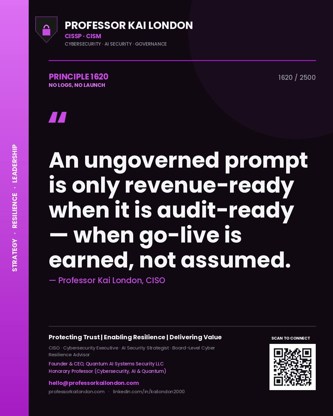 Professor Kai London principle 1620: An ungoverned prompt is only revenue-ready when it is audit-ready — when go-live is earned, not assumed.