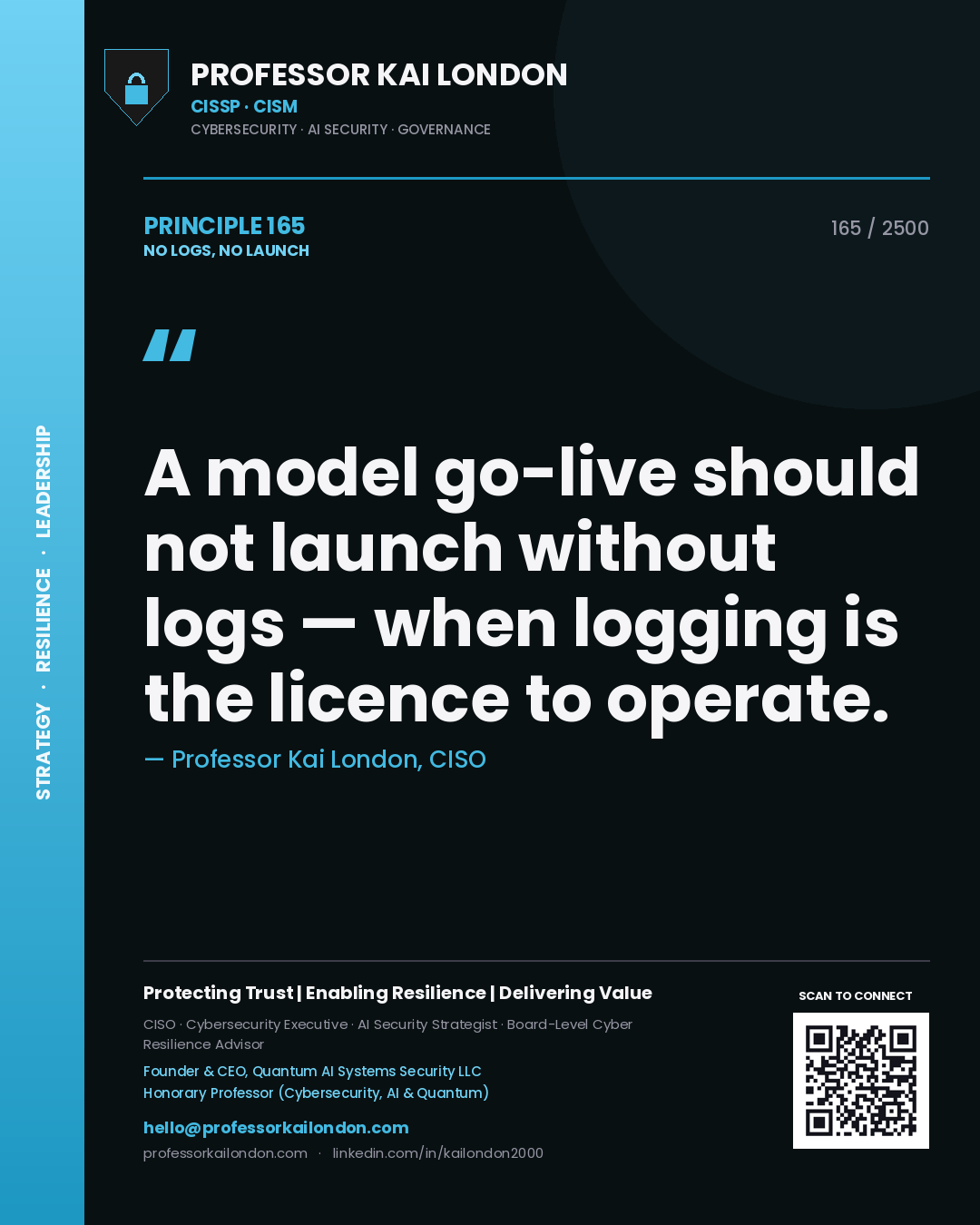 Professor Kai London principle 165: A model go-live should not launch without logs — when logging is the licence to operate.