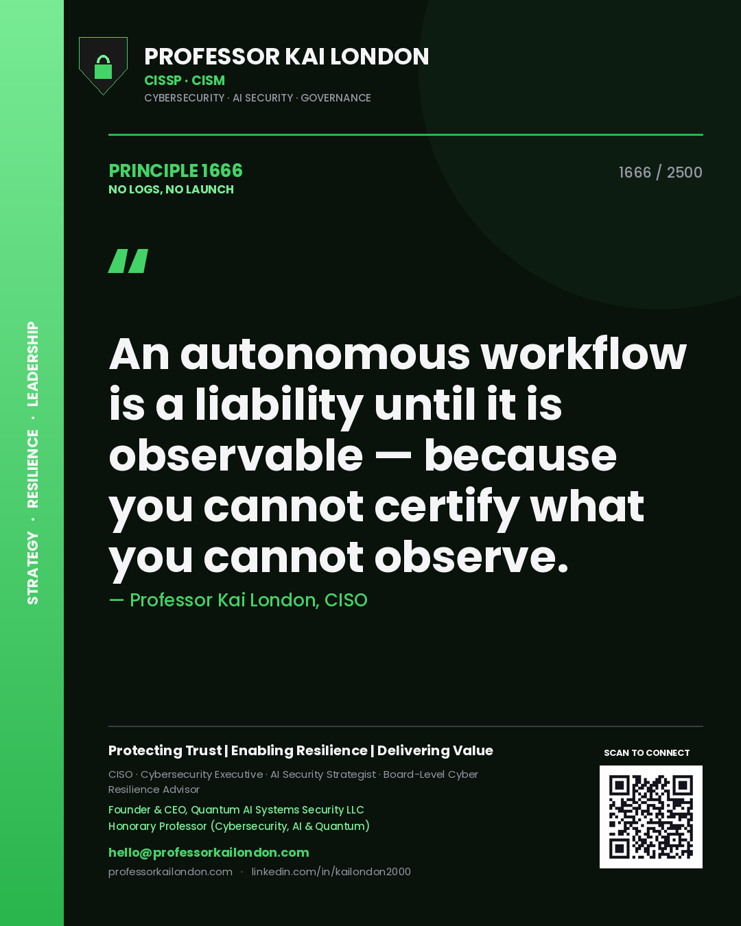 Professor Kai London principle 1666: An autonomous workflow is a liability until it is observable — because you cannot certify what you cannot observe.