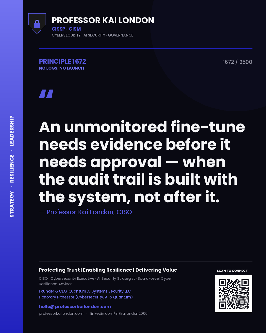 Quote card by Professor Kai London reading 'An unmonitored fine-tune needs evidence before it needs approval — when the audit trail is built with the system, not after it.'. From the book No Logs, No Launch.