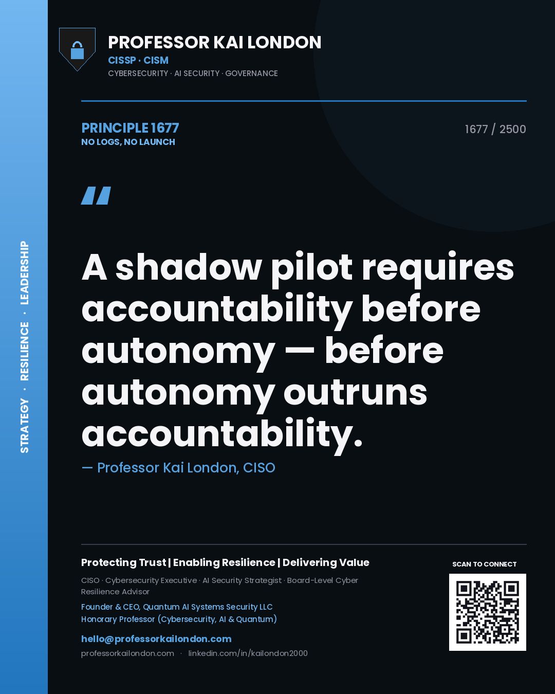 Quote card by Professor Kai London reading 'A shadow pilot requires accountability before autonomy — before autonomy outruns accountability.'. From the book No Logs, No Launch.