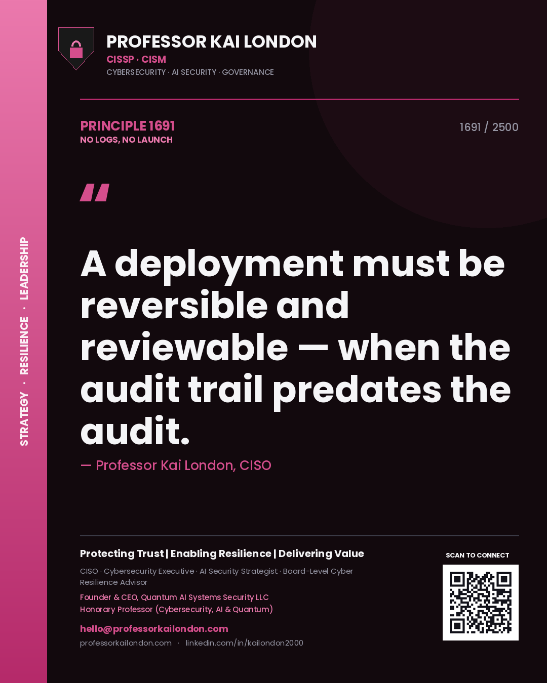 Professor Kai London principle 1691: A deployment must be reversible and reviewable — when the audit trail predates the audit.