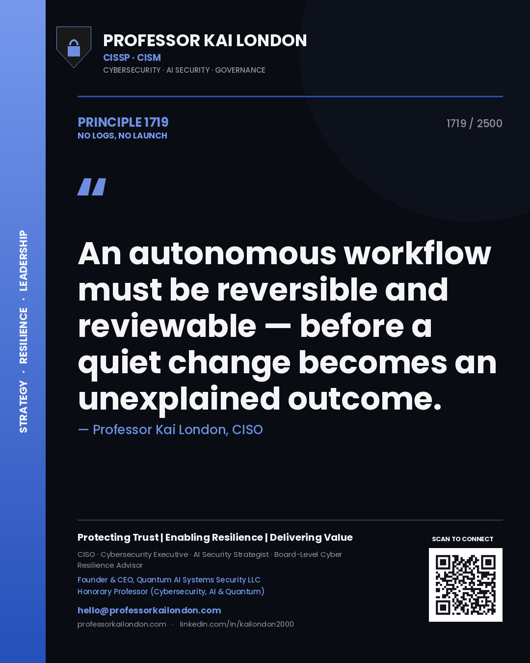 Quote card by Professor Kai London reading 'An autonomous workflow must be reversible and reviewable — before a quiet change becomes an unexplained outcome.'. From the book No Logs, No Launch.