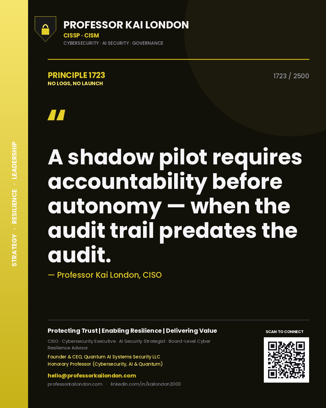Quote card by Professor Kai London reading 'A shadow pilot requires accountability before autonomy — when the audit trail predates the audit.'. From the book No Logs, No Launch.