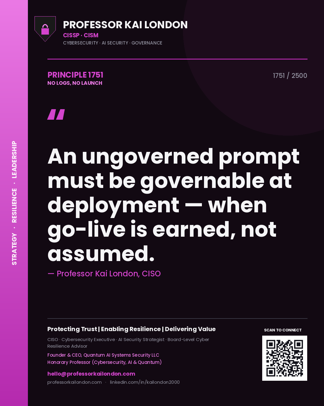 Quote card by Professor Kai London reading 'An ungoverned prompt must be governable at deployment — when go-live is earned, not assumed.'. From the book No Logs, No Launch.