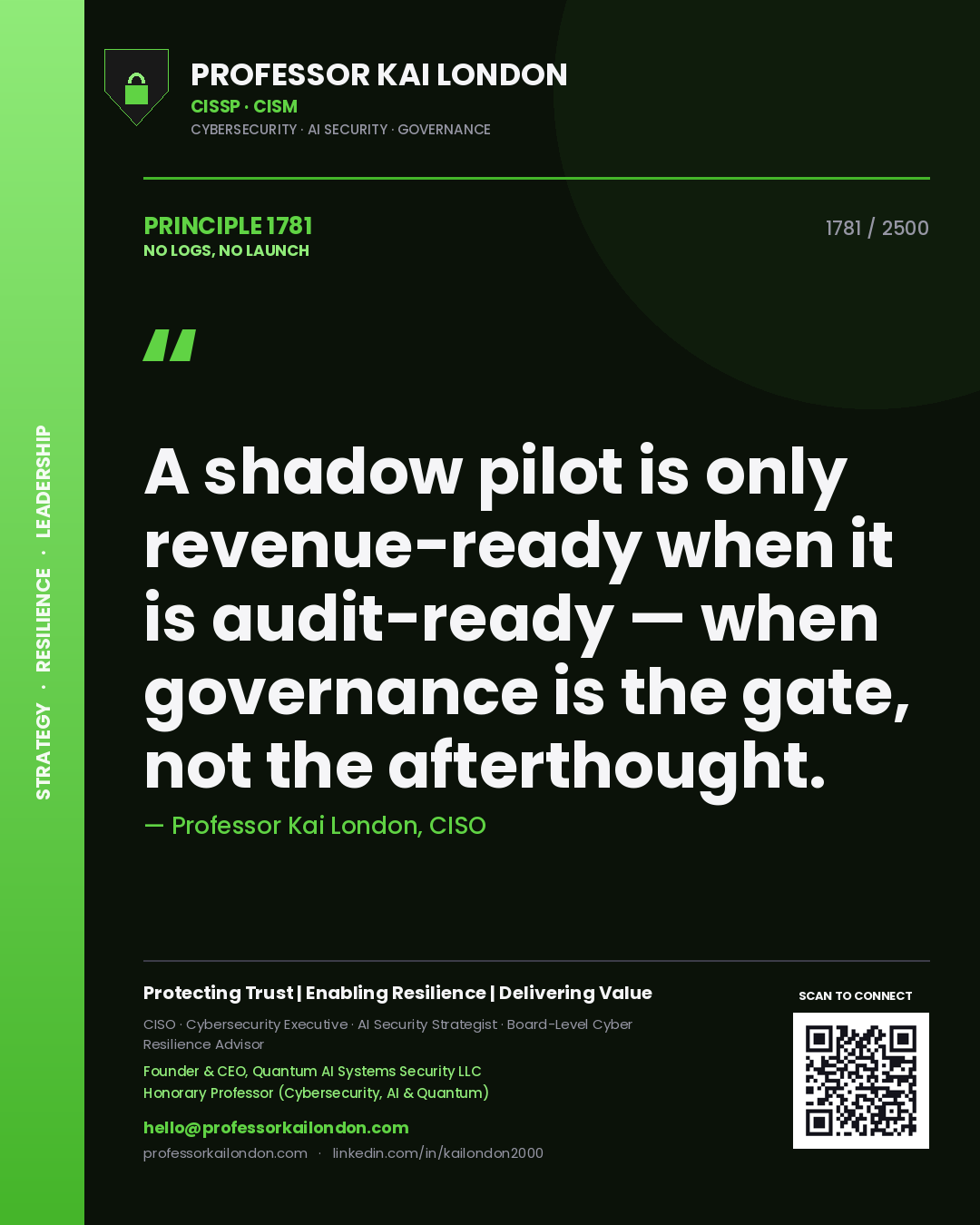 Quote card by Professor Kai London reading 'A shadow pilot is only revenue-ready when it is audit-ready — when governance is the gate, not the afterthought.'. From the book No Logs, No Launch.