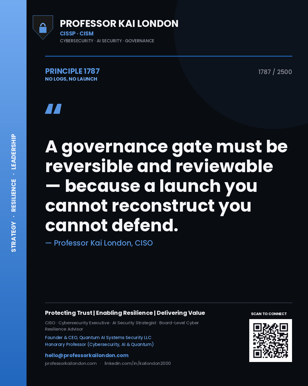 Quote card by Professor Kai London reading 'A governance gate must be reversible and reviewable — because a launch you cannot reconstruct you cannot defend.'. From the book No Logs, No Launch.