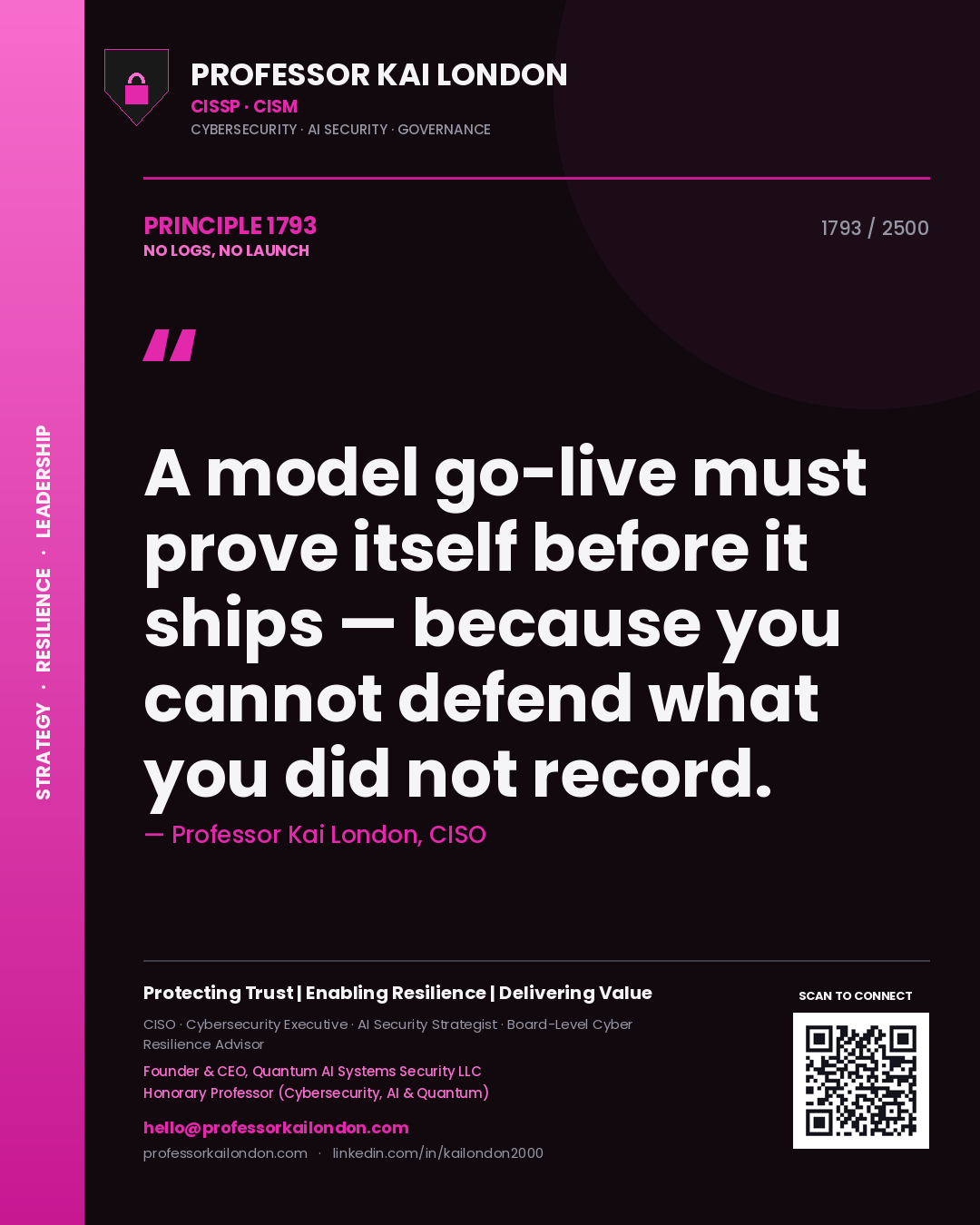 Quote card by Professor Kai London reading 'A model go-live must prove itself before it ships — because you cannot defend what you did not record.'. From the book No Logs, No Launch.