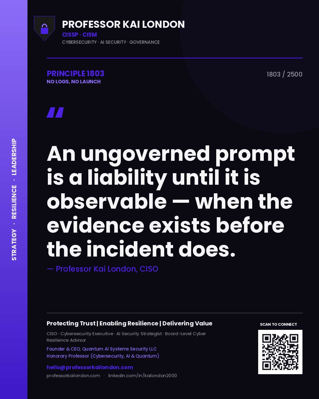 Professor Kai London principle 1803: An ungoverned prompt is a liability until it is observable — when the evidence exists before the incident does.