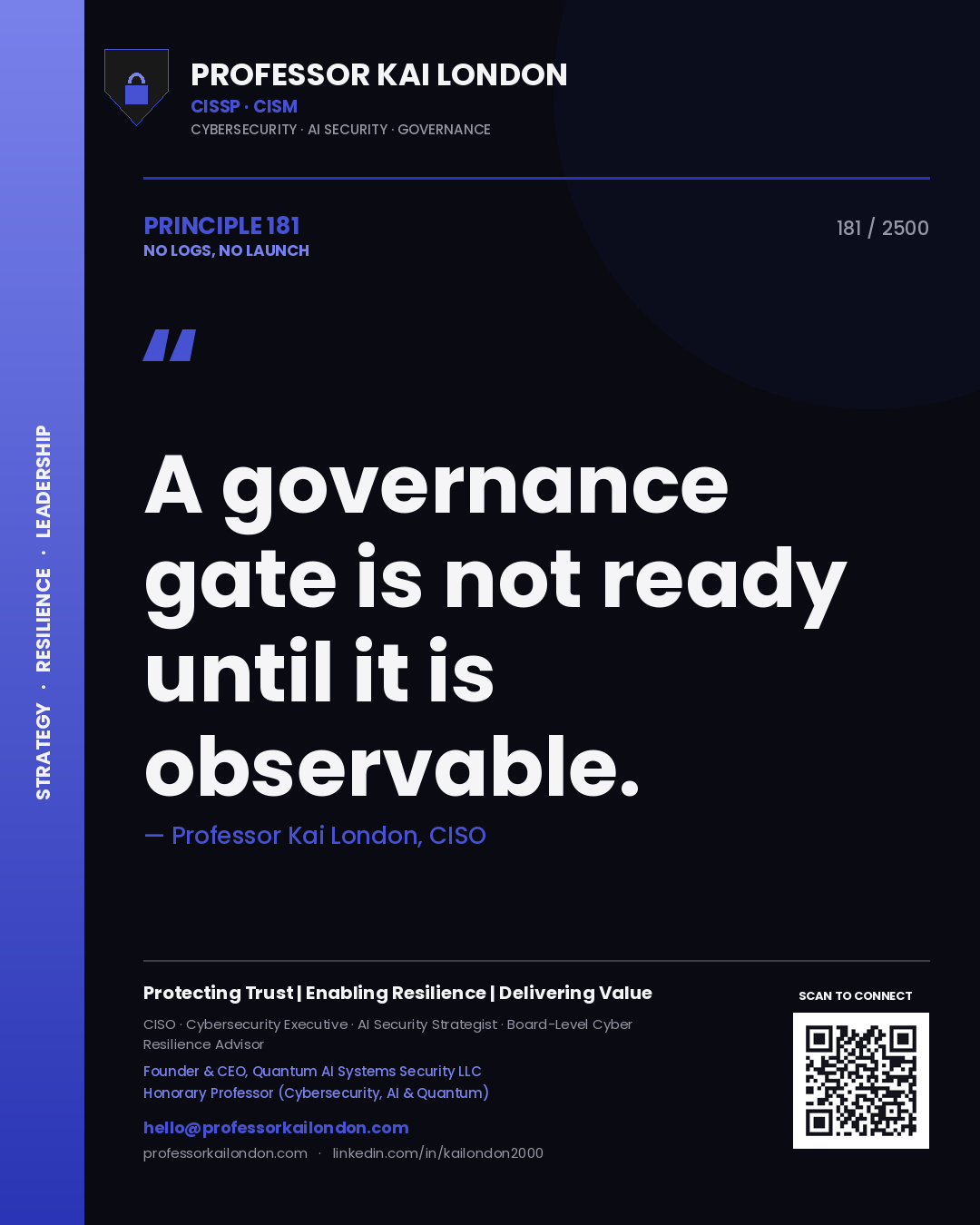 Quote card by Professor Kai London reading 'A governance gate is not ready until it is observable.'. From the book No Logs, No Launch.