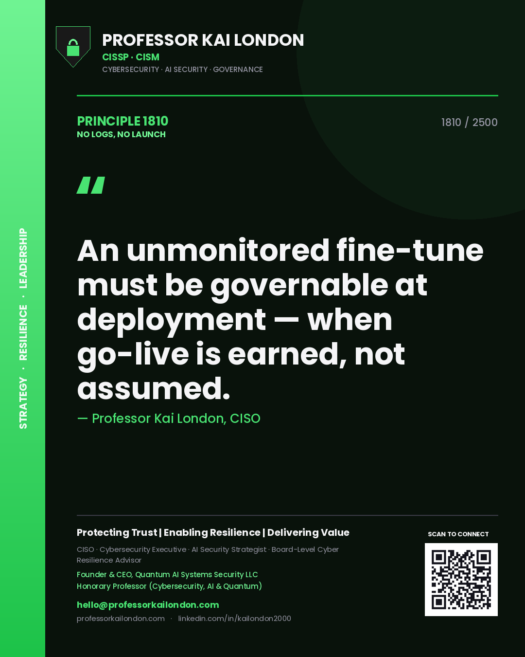 Quote card by Professor Kai London reading 'An unmonitored fine-tune must be governable at deployment — when go-live is earned, not assumed.'. From the book No Logs, No Launch.