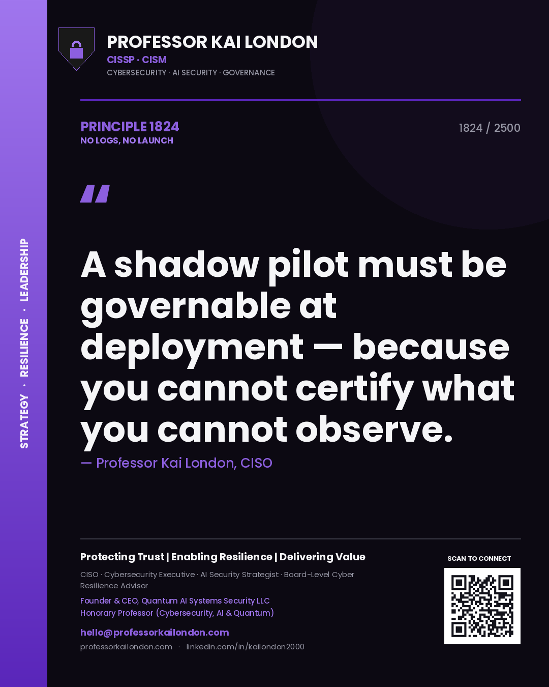Professor Kai London principle 1824: A shadow pilot must be governable at deployment — because you cannot certify what you cannot observe.