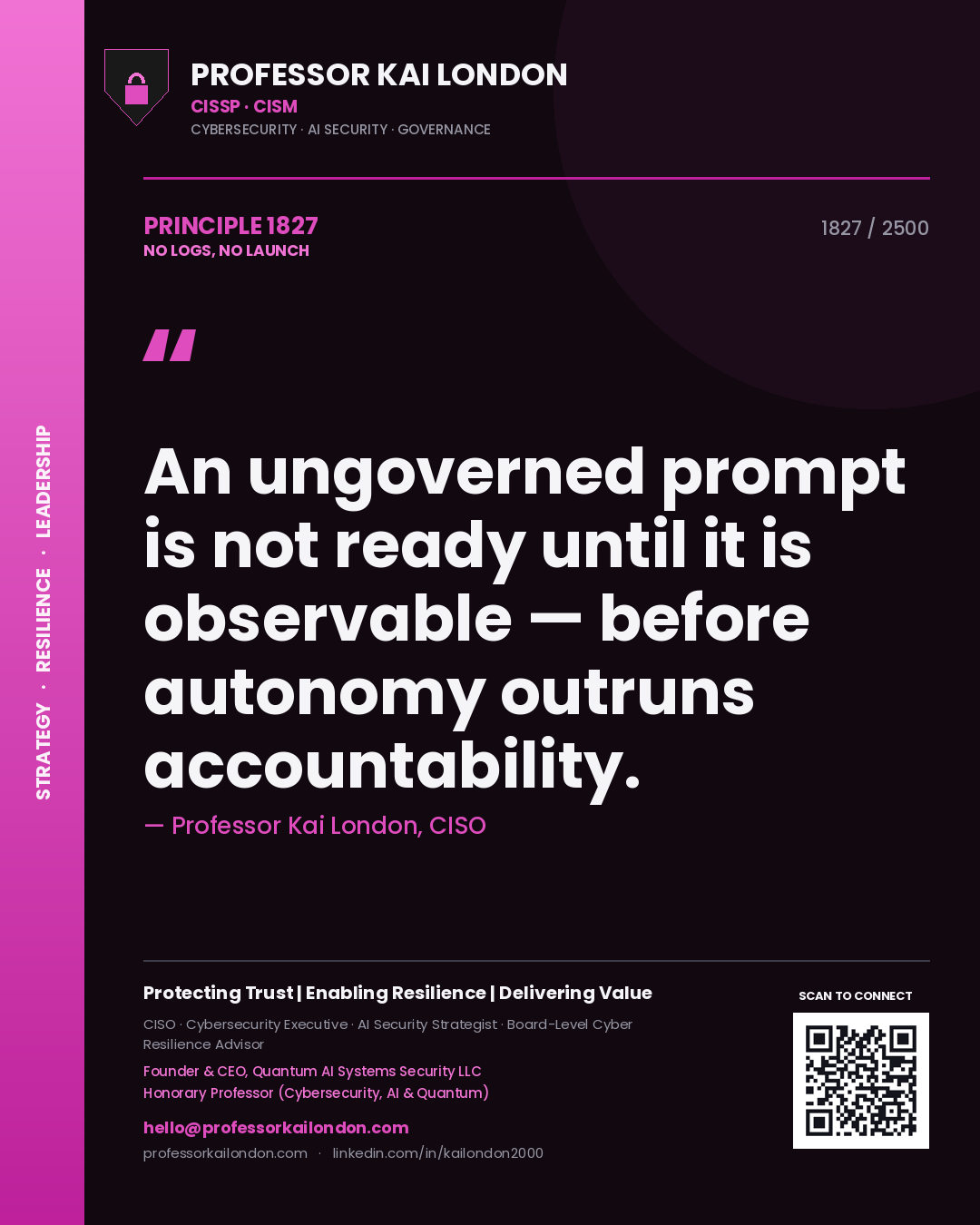 Quote card by Professor Kai London reading 'An ungoverned prompt is not ready until it is observable — before autonomy outruns accountability.'. From the book No Logs, No Launch.