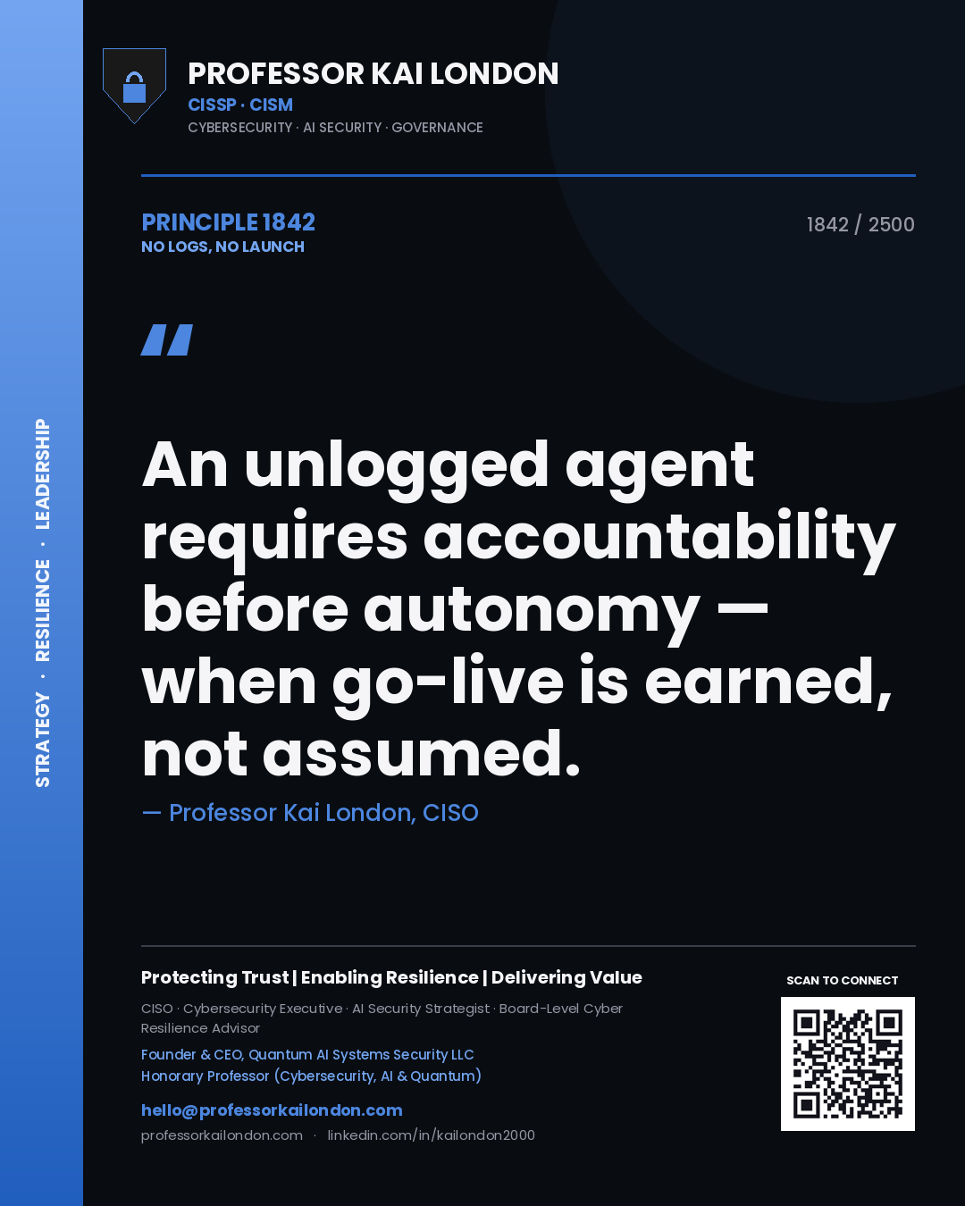 Professor Kai London principle 1842: An unlogged agent requires accountability before autonomy — when go-live is earned, not assumed.