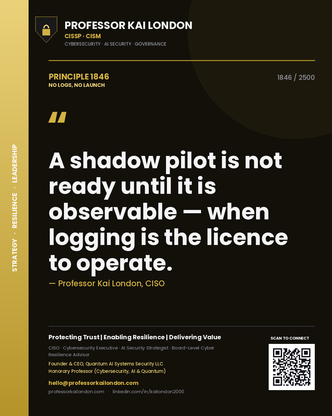 Quote card by Professor Kai London reading 'A shadow pilot is not ready until it is observable — when logging is the licence to operate.'. From the book No Logs, No Launch.