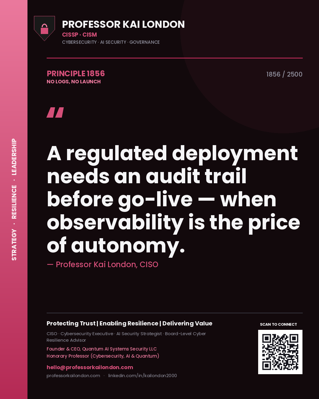 Professor Kai London principle 1856: A regulated deployment needs an audit trail before go-live — when observability is the price of autonomy.
