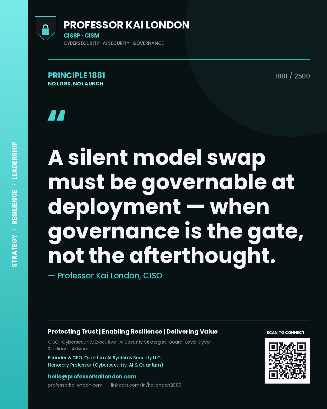 Quote card by Professor Kai London reading 'A silent model swap must be governable at deployment — when governance is the gate, not the afterthought.'. From the book No Logs, No Launch.