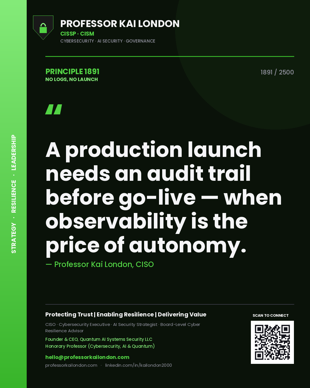 Professor Kai London principle 1891: A production launch needs an audit trail before go-live — when observability is the price of autonomy.