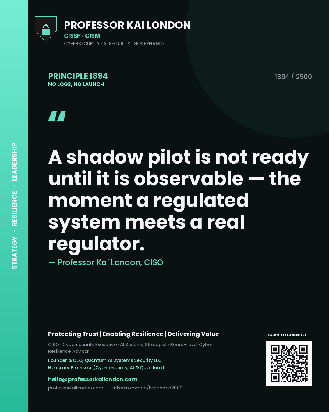 Quote card by Professor Kai London reading 'A shadow pilot is not ready until it is observable — the moment a regulated system meets a real regulator.'. From the book No Logs, No Launch.