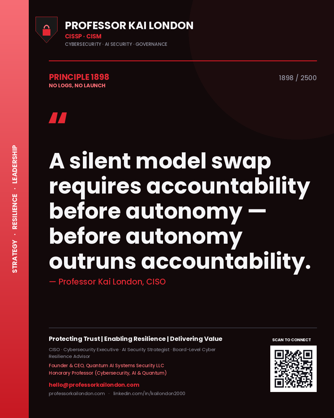 Quote card by Professor Kai London reading 'A silent model swap requires accountability before autonomy — before autonomy outruns accountability.'. From the book No Logs, No Launch.