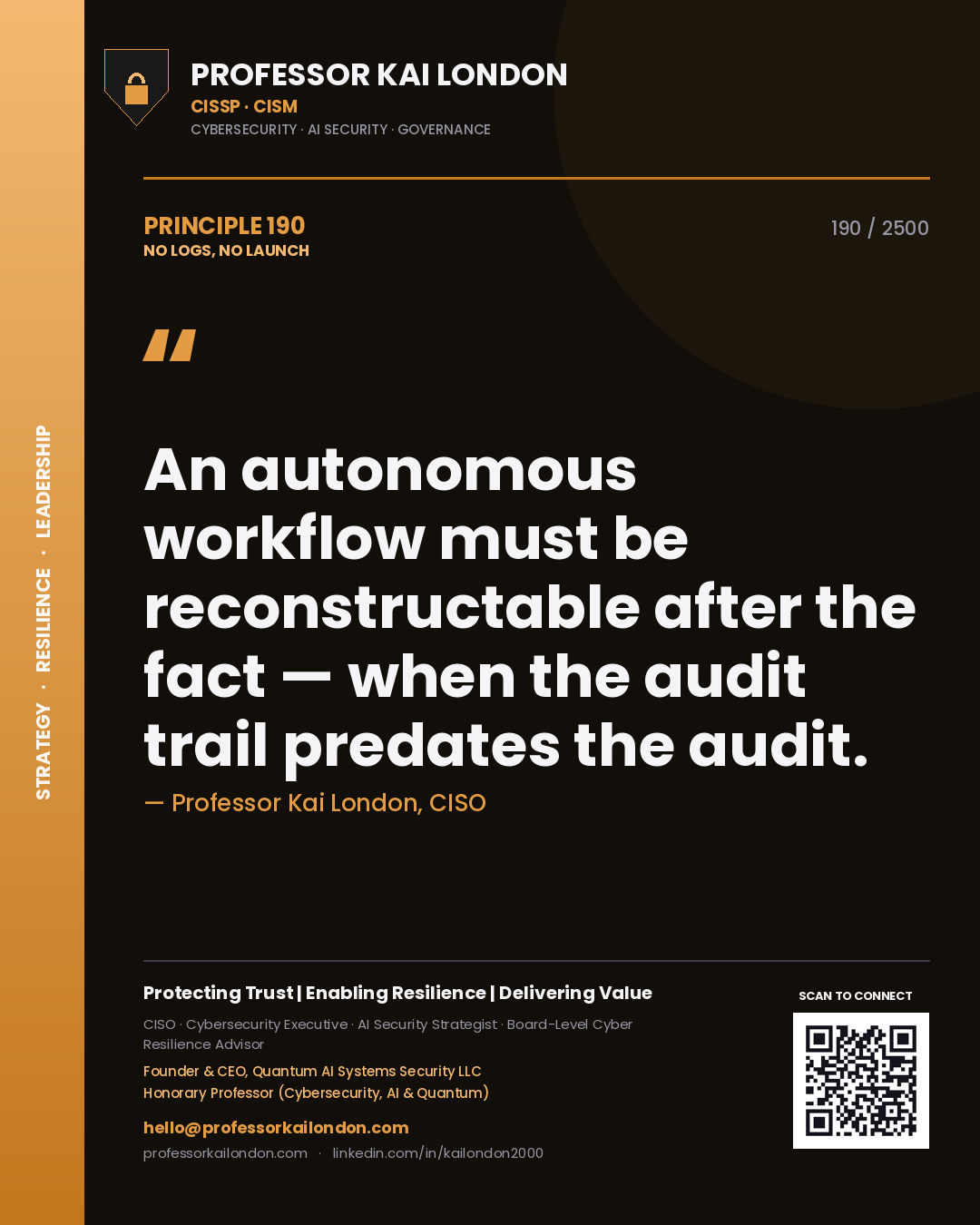 Quote card by Professor Kai London reading 'An autonomous workflow must be reconstructable after the fact — when the audit trail predates the audit.'. From the book No Logs, No Launch.