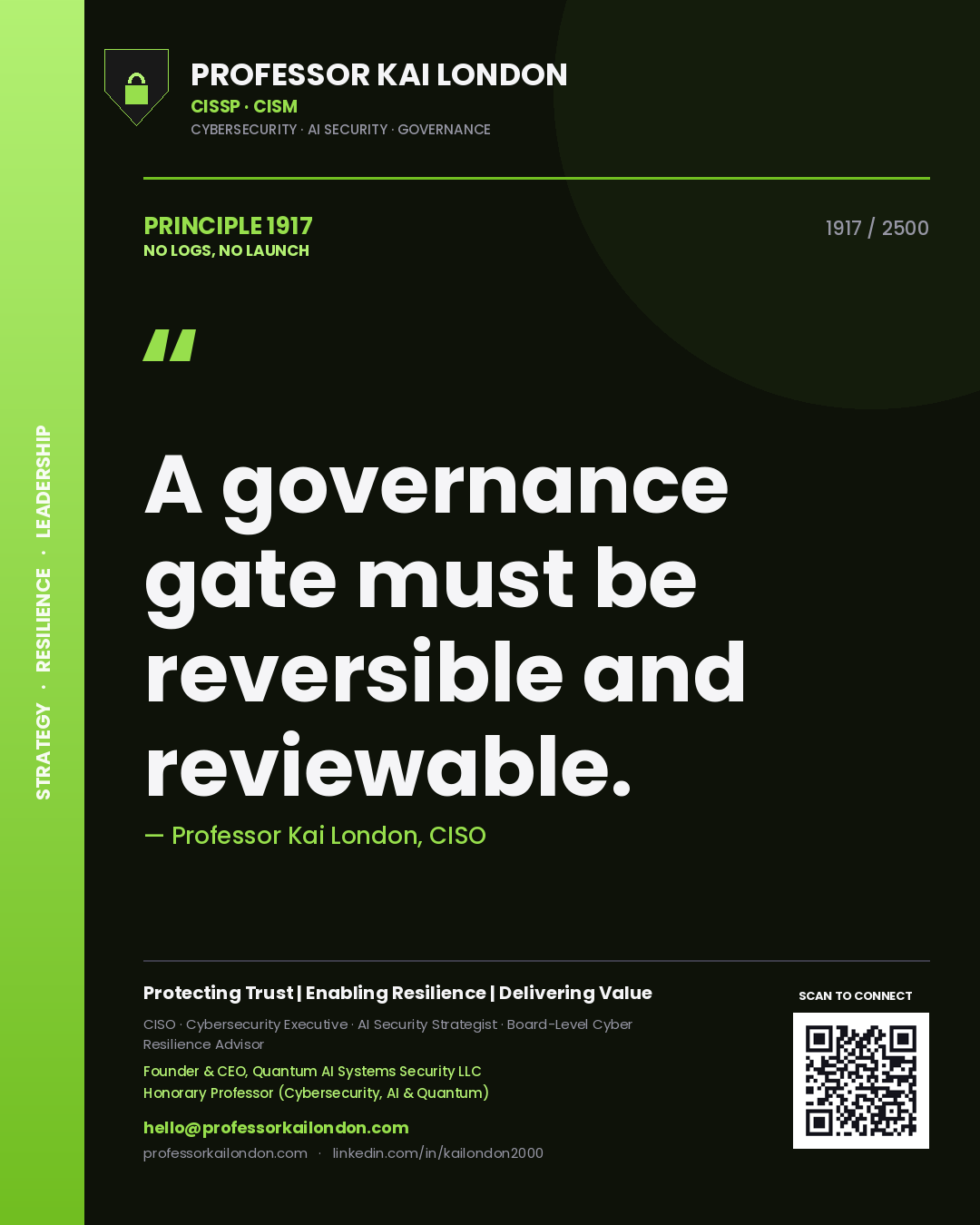 Quote card by Professor Kai London reading 'A governance gate must be reversible and reviewable.'. From the book No Logs, No Launch.