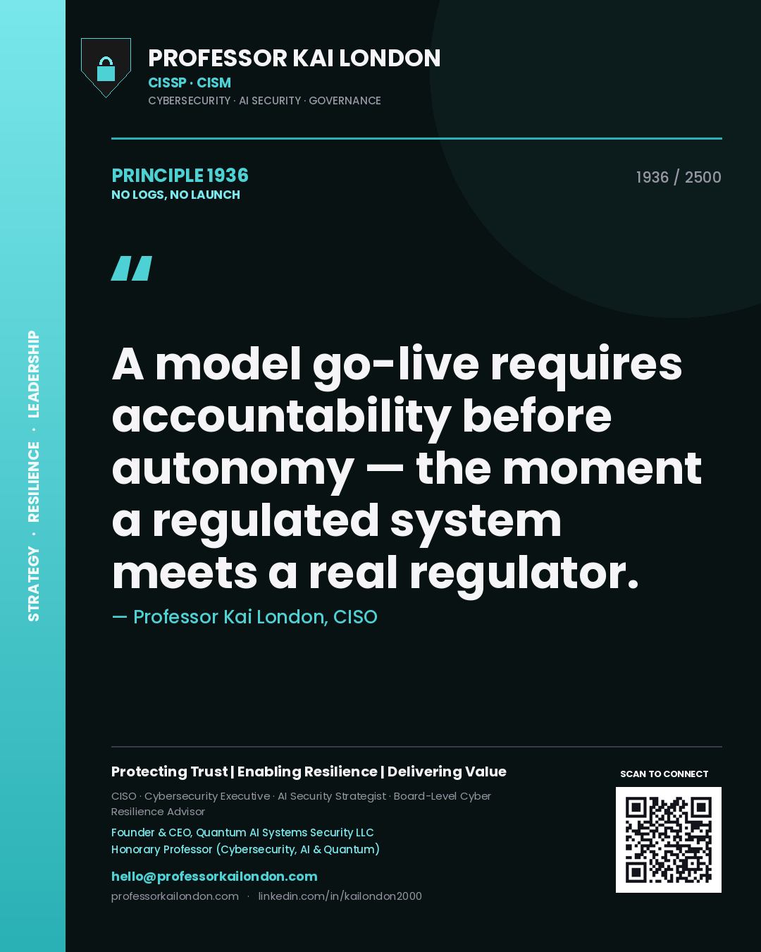 Professor Kai London principle 1936: A model go-live requires accountability before autonomy — the moment a regulated system meets a real regulator.