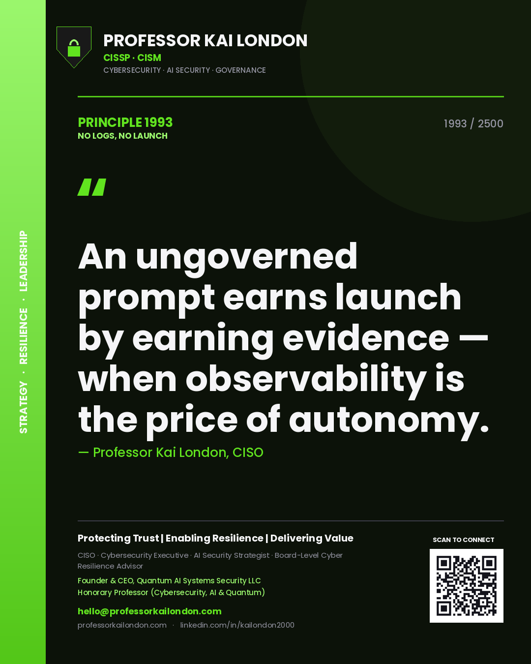 Professor Kai London principle 1993: An ungoverned prompt earns launch by earning evidence — when observability is the price of autonomy.
