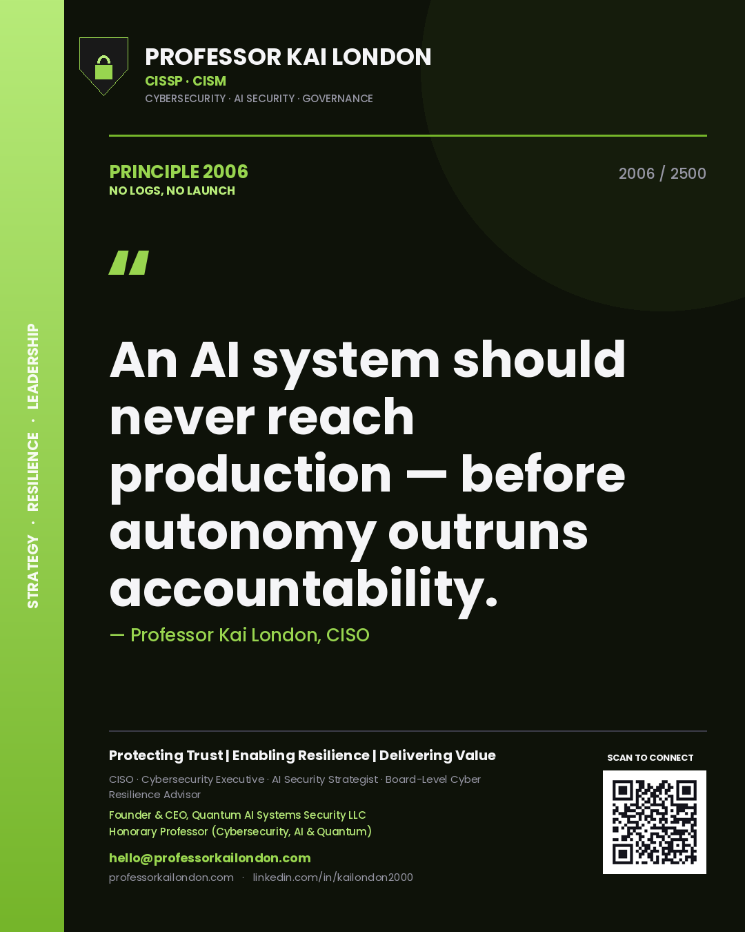 Professor Kai London principle 2006: An AI system should never reach production — before autonomy outruns accountability.