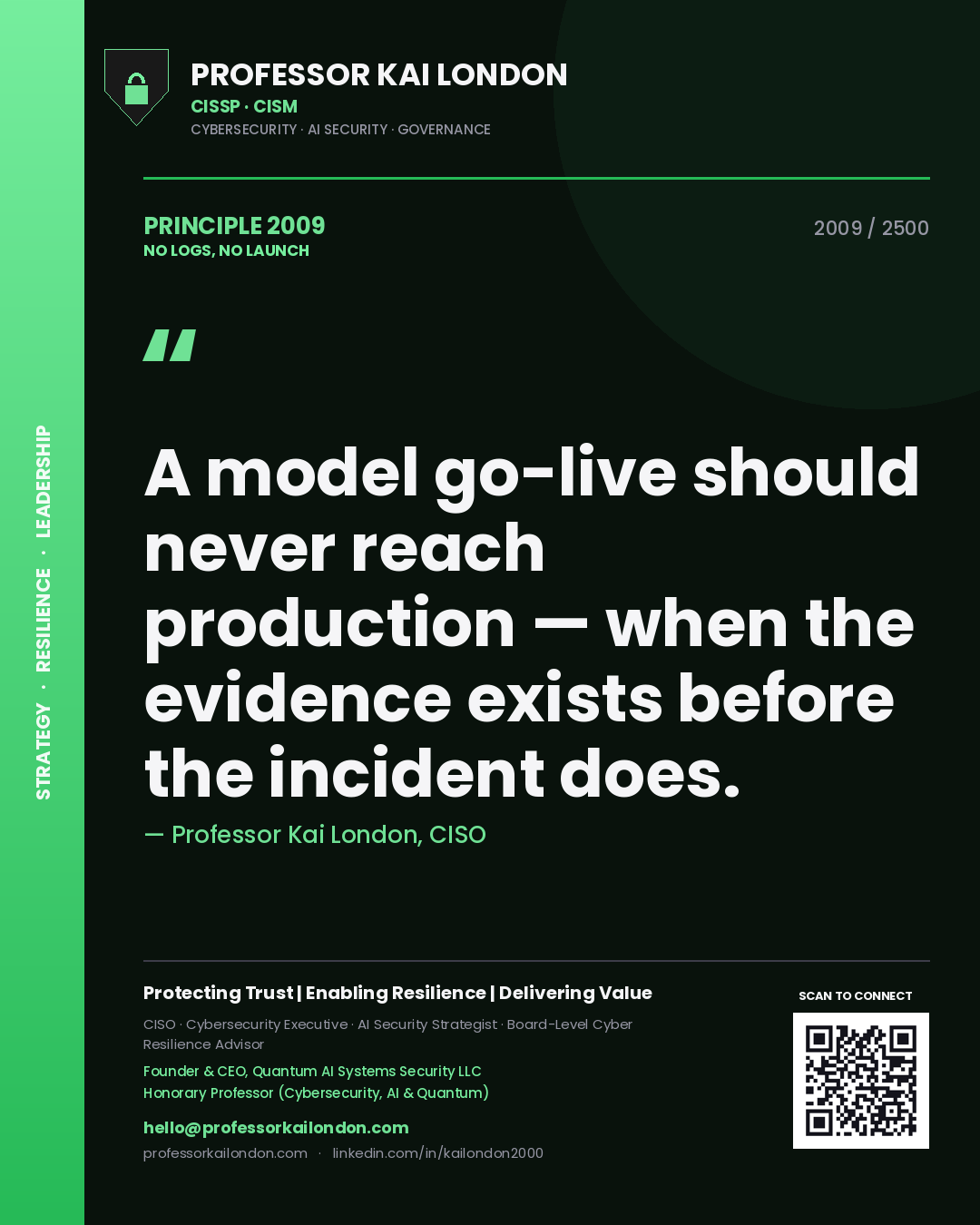 Professor Kai London principle 2009: A model go-live should never reach production — when the evidence exists before the incident does.