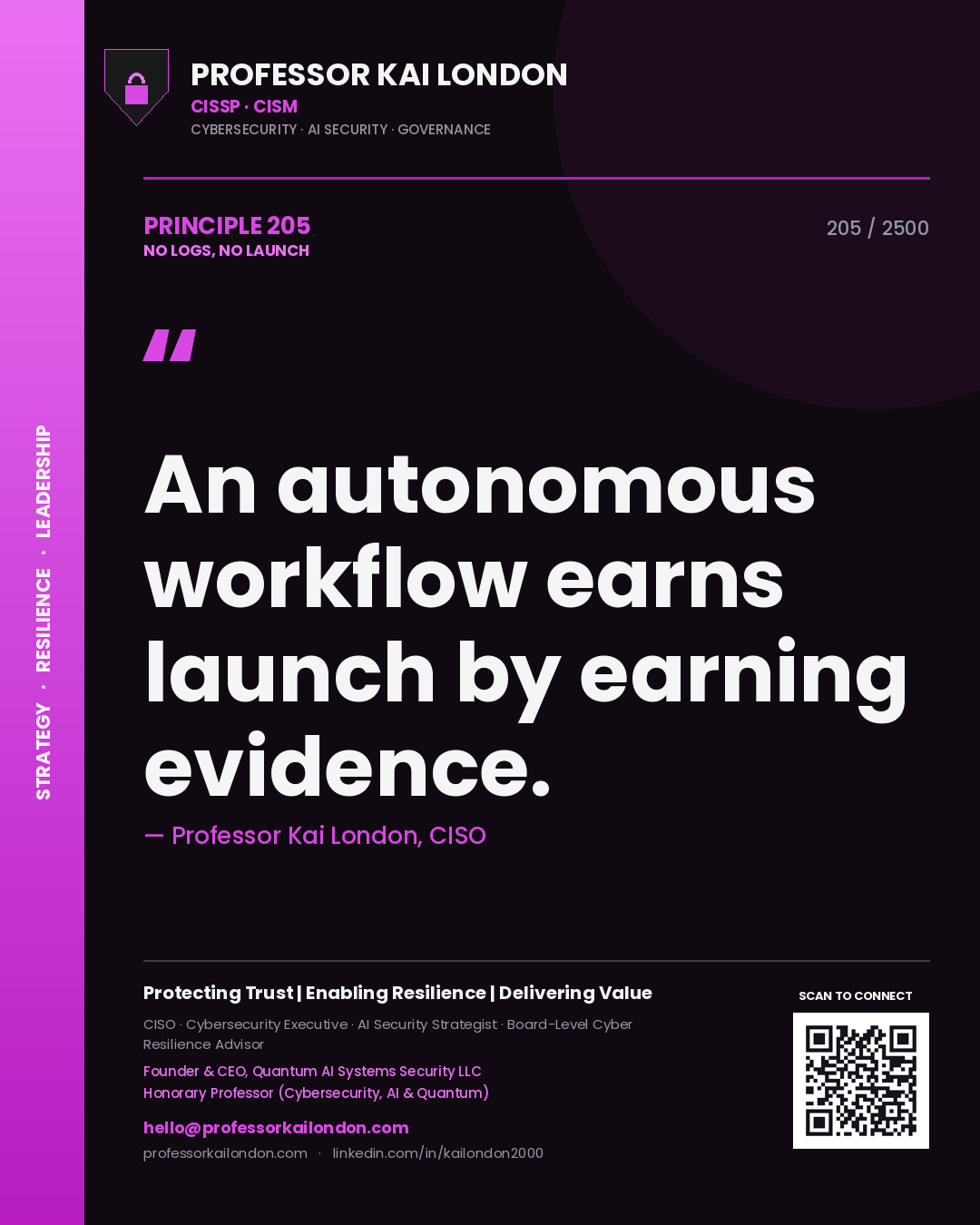 Quote card by Professor Kai London reading 'An autonomous workflow earns launch by earning evidence.'. From the book No Logs, No Launch.